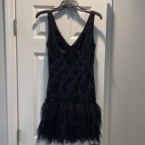 Sue Wong Nocturne Black Beaded & Feather Cocktail Flapper V-Neck Dress